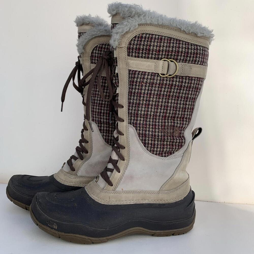 The North Face Boots Women's US 10 Brown Faux Fur Tall Lace Up, Plaid Waterproof